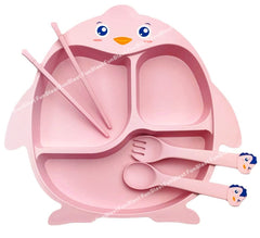 Bamboo Fiber Feeding Set for Kids – Cartoon Design Children Tableware Set, Utensils and Dishes Includes Plate Spoon, Fork and Chopsticks