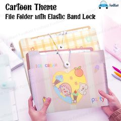 Cartoon Theme File Folder with Elastic Band Lock – A4 Size Certificates Holder with 6 Pockets, Office Documents File, Expandable Folders for Documents