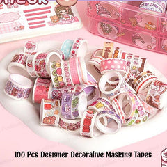 Washi Tape Set - 100 Pcs Designer Decorative Masking Tapes with 20 Pcs Kawaii Stickers, Tweezer, Pen and Spatula in 3 Layer Box, Tapes for DIY Art & Crafts, Wrapping