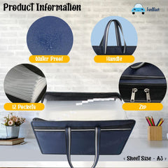 Portfolio File Folder A3 Size with Zip Lock – 12 Pockets File Folder, Big Size Professional File Storage Bag (Navy Blue)