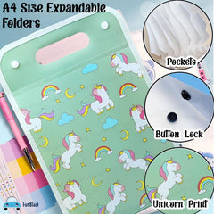 File Folder with Button Lock and Handle – Unicorn Theme Certificates Holder with 12 Pockets, Office Documents File, A4 Size Expandable Folders (Pack of 1; Random Color)