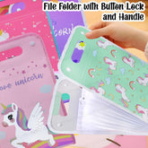 File Folder with Button Lock and Handle – Unicorn Theme Certificates Holder with 12 Pockets, Office Documents File, A4 Size Expandable Folders (Pack of 1; Random Color)