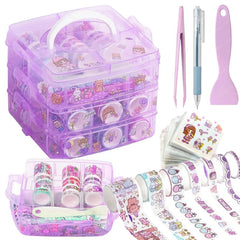 Washi Tape Set - 100 Pcs Designer Decorative Masking Tapes with 20 Pcs Kawaii Stickers, Tweezer, Pen and Spatula in 3 Layer Box, Tapes for DIY Art & Crafts, Wrapping