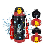 Cartoon Design Hot & Cold Water Bottle for Kids – Dual Cap Bottle with Straw & Wide Mouth Cap – 450ML
