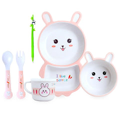 Bamboo Fiber Feeding Tableware Set for Kids – Rabbit Design Bamboo Fiber Plate, Bowl, Cup, Spoon and Folk Kids Feeding Set