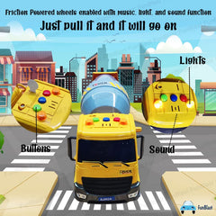 Pull Back Vehicles Construction Truck, Friction Power Toy Trucks for 3+ Years Old Boys and Girls, Light & Sound Toy for Kids