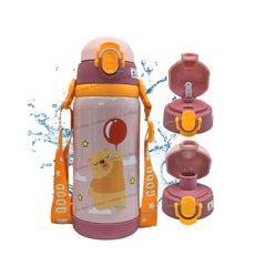 Cartoon Design Hot & Cold Water Bottle for Kids – Dual Cap Bottle with Straw & Wide Mouth Cap – 450ML