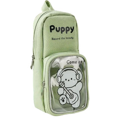 Cartoon Design Hangable Canvas Pencil Pouch for Kids (Green)