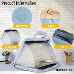 Portfolio File Folder A3 Size with Zip Lock – 12 Pockets File Folder, Big Size Professional File Storage Bag (Blue)