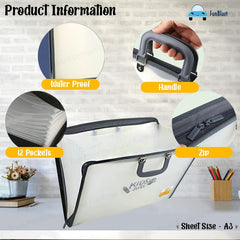 Portfolio File Folder A 3 Size with Zip Lock – Big Size Professional File Storage Bag, 12 Pockets File Folder, Travel File Organizer Bag, Artist/Certificate File Holder