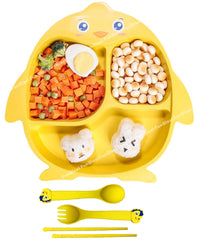 Bamboo Fiber Feeding Set for Kids – Cartoon Design Children Tableware Set, Utensils and Dishes Includes Plate Spoon, Fork and Chopsticks