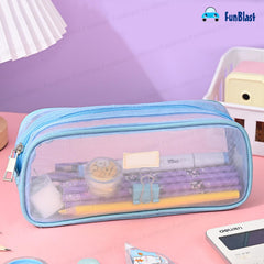 Transparent Pencil Pouch with Zipper Closure for Students (Blue)