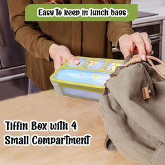Lunch Box for Kids – Airtight Leak-Proof Tiffin Box, Lunch Box with Fork, Plastic Microwave Safe Tiffin Box with 4 Small Compartment, Bento Box (Green)