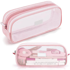 Transparent Pencil Pouch with Zipper Closure for Students (Pink)