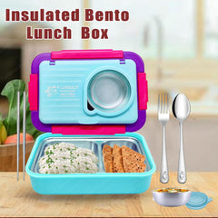 Lunch Box for Kids – Tiffin Box, Stainless Steel Lunch Box, Insulated Bento Lunch Box for Kids, 5 Compartment Lunch Box with Bowl, Spoon, Fork & Chopstick (Blue)