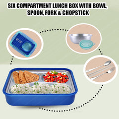 Lunch Box for Kids – Stainless Steel Lunch Box, 6 Compartment Lunch Box with Bowl, Spoon, Fork & Chopstick, Tiffin Box, Lunch Boxes for Office Men, Insulated Bento Lunch Box for Kids (Blue)