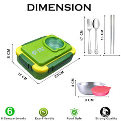 Lunch Box for Kids – Stainless Steel Lunch Box, 6 Compartment Lunch Box with Bowl, Spoon, Fork & Chopstick, Tiffin Box, Insulated Bento Lunch Box for Kids (Green)