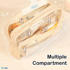 Multiple Compartment Double Zipper Pencil Pouch for Kids (Beige)