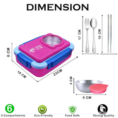 Lunch Box for Kids – Tiffin Box, Stainless Steel Lunch Box, Insulated Bento Lunch Box for Kids, 5 Compartment Lunch Box with Bowl, Spoon, Fork & Chopstick (Pink)