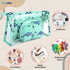 3 Pcs Flamingo Makeup Pouch with Zipper Lock for Girls & Women (Green)