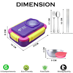 Lunch Box for Kids – Tiffin Box, Stainless Steel Lunch Box, Lunch Boxes for Office Men, 5 Compartment Lunch Box with Bowl, Spoon, Fork & Chopstick (Purple)