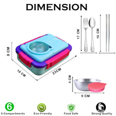 Lunch Box for Kids – Tiffin Box, Stainless Steel Lunch Box, Insulated Bento Lunch Box for Kids, 5 Compartment Lunch Box with Bowl, Spoon, Fork & Chopstick (Blue)