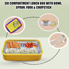 Lunch Box for Kids – Stainless Steel Lunch Box, 6 Compartment Lunch Box with Bowl, Spoon, Fork & Chopstick, Tiffin Box, Insulated Bento Lunch Box for Kids (Yellow)