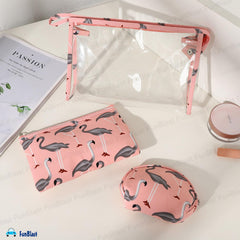 3 Pcs Flamingo Design Makeup Pouch with Zipper Lock for Girls & Women (Peach)
