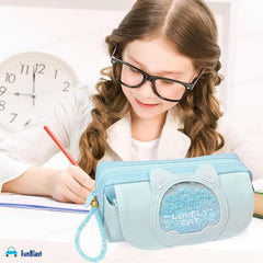 Cat Design Stationery Pouch with Zipper Lock for Girls (SkyBlue)
