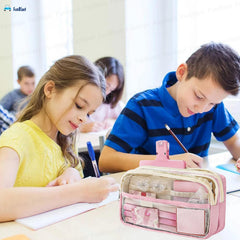 Multiple Compartment Double Zipper Pencil Pouch for Kids (Pink)