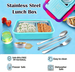 Lunch Box for Kids – Tiffin Box, Stainless Steel Lunch Box, Insulated Bento Lunch Box for Kids, 5 Compartment Lunch Box with Bowl, Spoon, Fork & Chopstick (Blue)