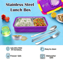 Lunch Box for Kids – Tiffin Box, Stainless Steel Lunch Box, Lunch Boxes for Office Men, 5 Compartment Lunch Box with Bowl, Spoon, Fork & Chopstick (Purple)