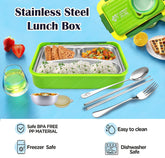 Lunch Box for Kids – Stainless Steel Lunch Box, 6 Compartment Lunch Box with Bowl, Spoon, Fork & Chopstick, Tiffin Box, Insulated Bento Lunch Box for Kids (Green)