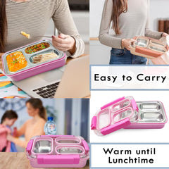 Lunch Box for Kids – Tiffin Box, Stainless Steel Lunch Boxes for Office Men, 3 Compartment Lunch Box with Spoon, Fork & Chopstick (Random Color)