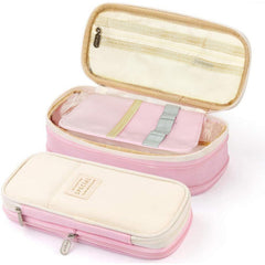 Multi-Compartment Double Zipper Portable Pencil Pouch for Kids (Pink)