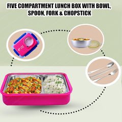 Lunch Box for Kids – Tiffin Box, Stainless Steel Lunch Box, Insulated Bento Lunch Box for Kids, 5 Compartment Lunch Box with Bowl, Spoon, Fork & Chopstick (Pink)