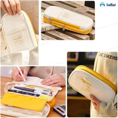 Multi-Compartment Double Zipper Portable Pencil Pouch for Kids (Yellow)