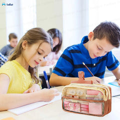 Multiple Compartment Double Zipper Pencil Pouch for Kids (Brown)