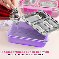 Lunch Box for Kids – Tiffin Box, Stainless Steel Lunch Boxes for Office Men, 3 Compartment Lunch Box with Spoon, Fork & Chopstick (Random Color)