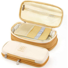 Multi-Compartment Double Zipper Portable Pencil Pouch for Kids (Khaki)