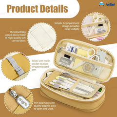 Multi-Compartment Double Zipper Portable Pencil Pouch for Kids (Khaki)