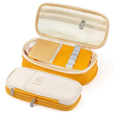 Multi-Compartment Double Zipper Portable Pencil Pouch for Kids (Yellow)