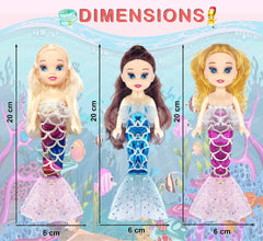 Mermaid Doll Toys for Kids (Pack of 3 Pcs)- Doll Set for Girls- 20 CM Cute Realistic Dolls for Girls, Cute Dolls for Girls, Doll Toys for Kids (3 Pcs) (Dress Color May Vary)