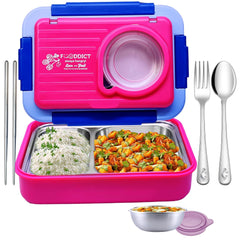 Lunch Box for Kids – Tiffin Box, Stainless Steel Lunch Box, Insulated Bento Lunch Box for Kids, 5 Compartment Lunch Box with Bowl, Spoon, Fork & Chopstick (Pink)