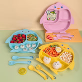 Bamboo Fiber Feeding Set for Kids – Cartoon Design Children Tableware Set, Utensils and Dishes Includes Plate Spoon, Fork and Chopsticks
