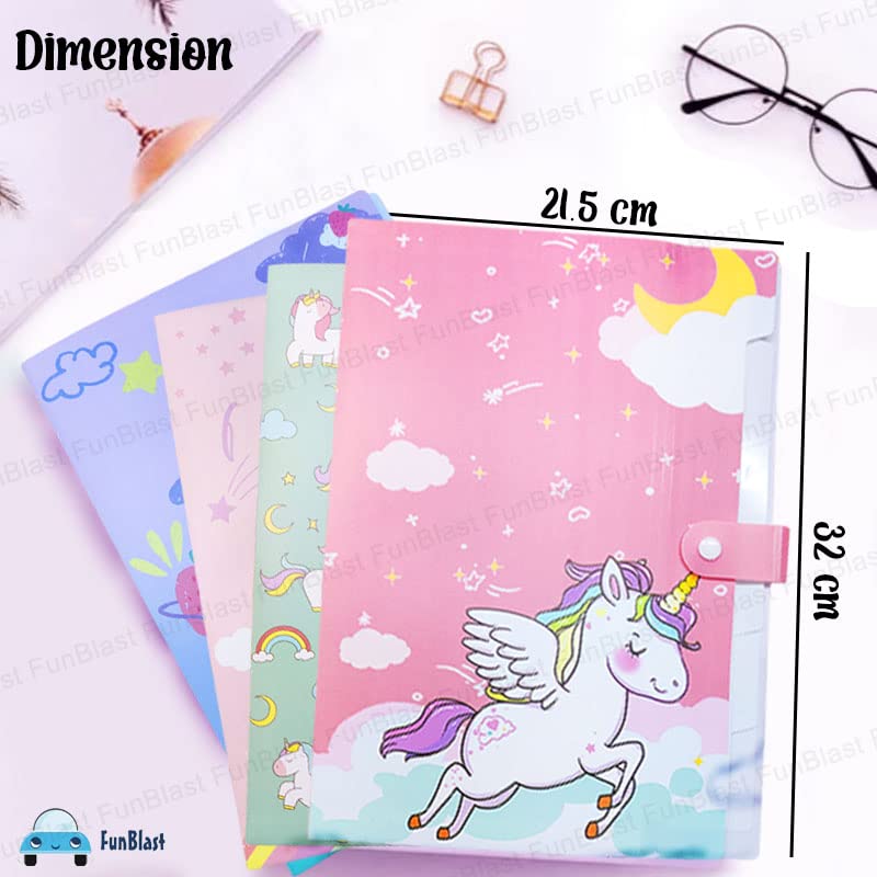 Unicorn File Folder with Button Lock – Pack of 4 Pcs Unicorn Theme Certificates Holder with 6 Pockets, Office Documents File, Expandable Folders for Documents (Pack of 4)