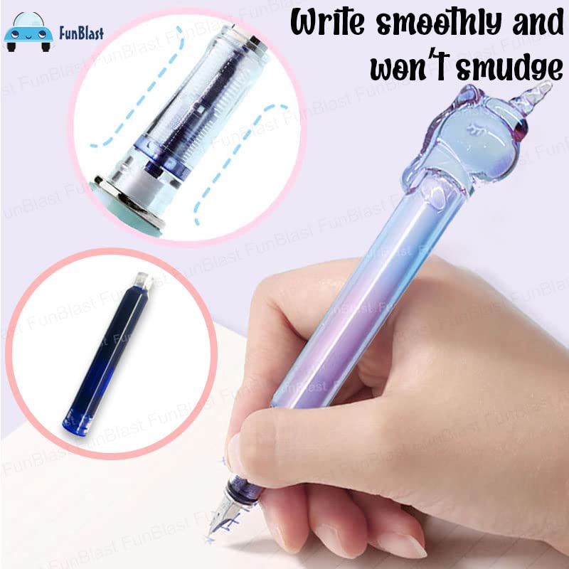 Fountain Pen - Unicorn Fountain Pen Set, Medium Point Nib Fountain Pen set, Pen for School, Office, Kawaii Stationery Set, Birthday Return Gift (1 Pen, 7 Refills-Blue Ink)