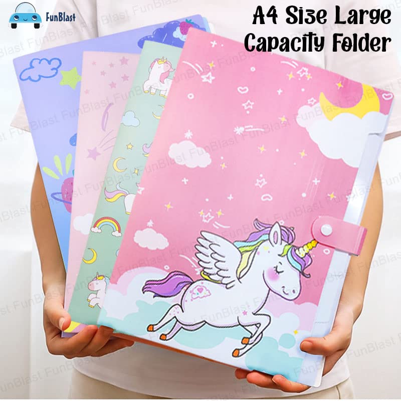 Unicorn File Folder with Button Lock – Pack of 4 Pcs Unicorn Theme Certificates Holder with 6 Pockets, Office Documents File, Expandable Folders for Documents (Pack of 4)