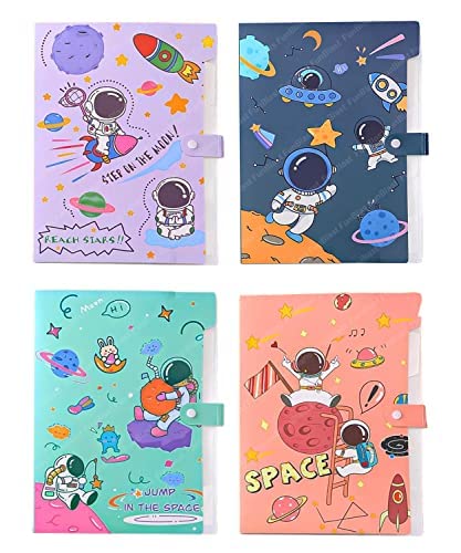 Space Theme File Folder with Button Lock – Pack of 4 Pcs Space Theme Certificates Holder with 6 Pockets