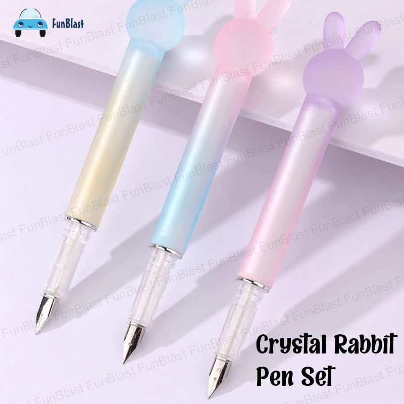 Medium Point Fountain Pen - Crystal Rabbit Pen Set for School Stationery Gift for Kids, Birthday Return Gift, Pen for School, Office, Kawaii Stationery Set (1 Pen, 7 Refills)